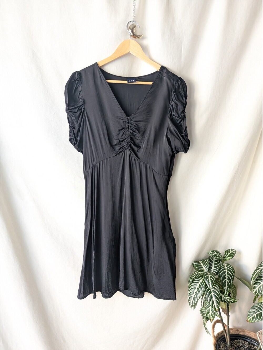 GAP Black Rayon V-Neck Ruched Sleeve Dress Medium Tall